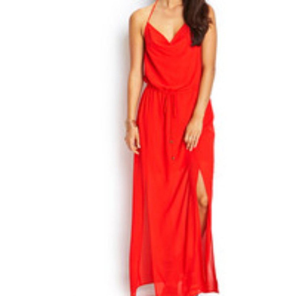 Red Chiffon Halter Maxi Dress